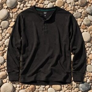 GAP Black Waffle Knit Thermal Henley Mens XXL Preppy Streetwear Heritage Classic